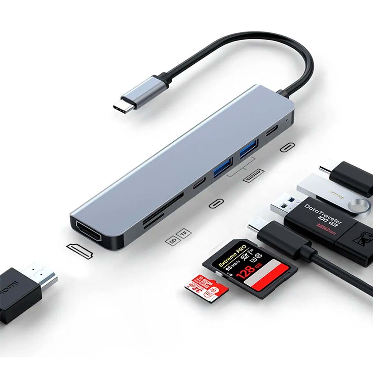 GENERICO - Adaptador Lector Hub Type C 7 En 1 Usb 3.0 Hdmi 4k Multipuerto Usb