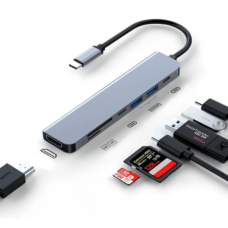 GENERICO - Adaptador Lector Hub Type C 7 En 1 Usb 3.0 Hdmi 4k Multipuerto Usb