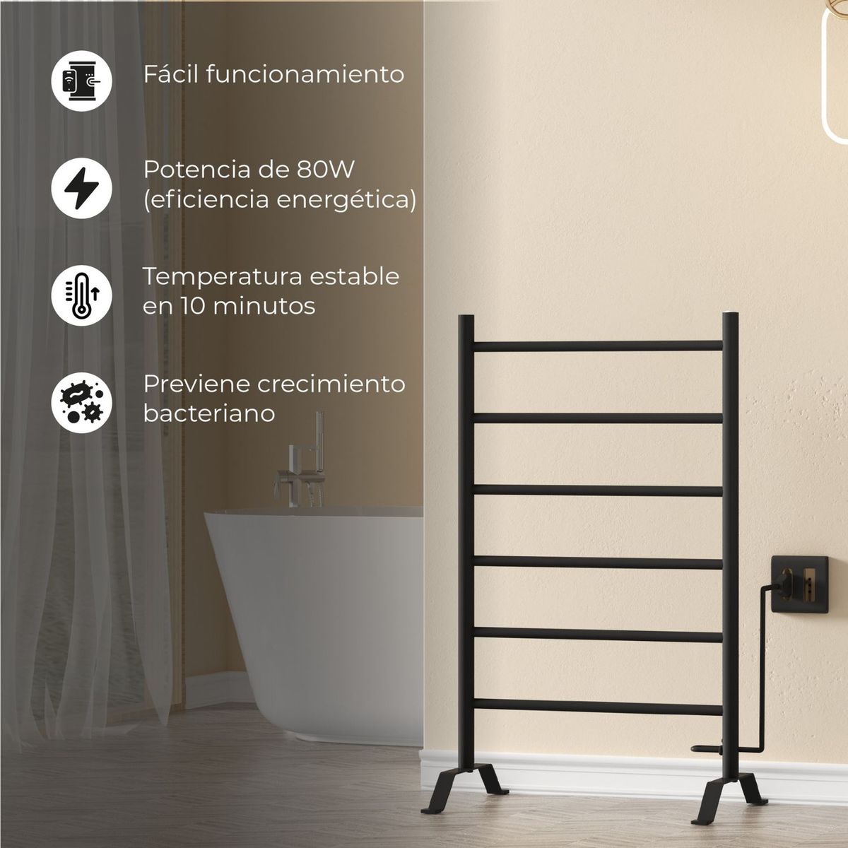 VERKEN - Calefactor Secador de Toallas Eléctrico para Baño 80W Pedestal 70x45 cm Vico Negro