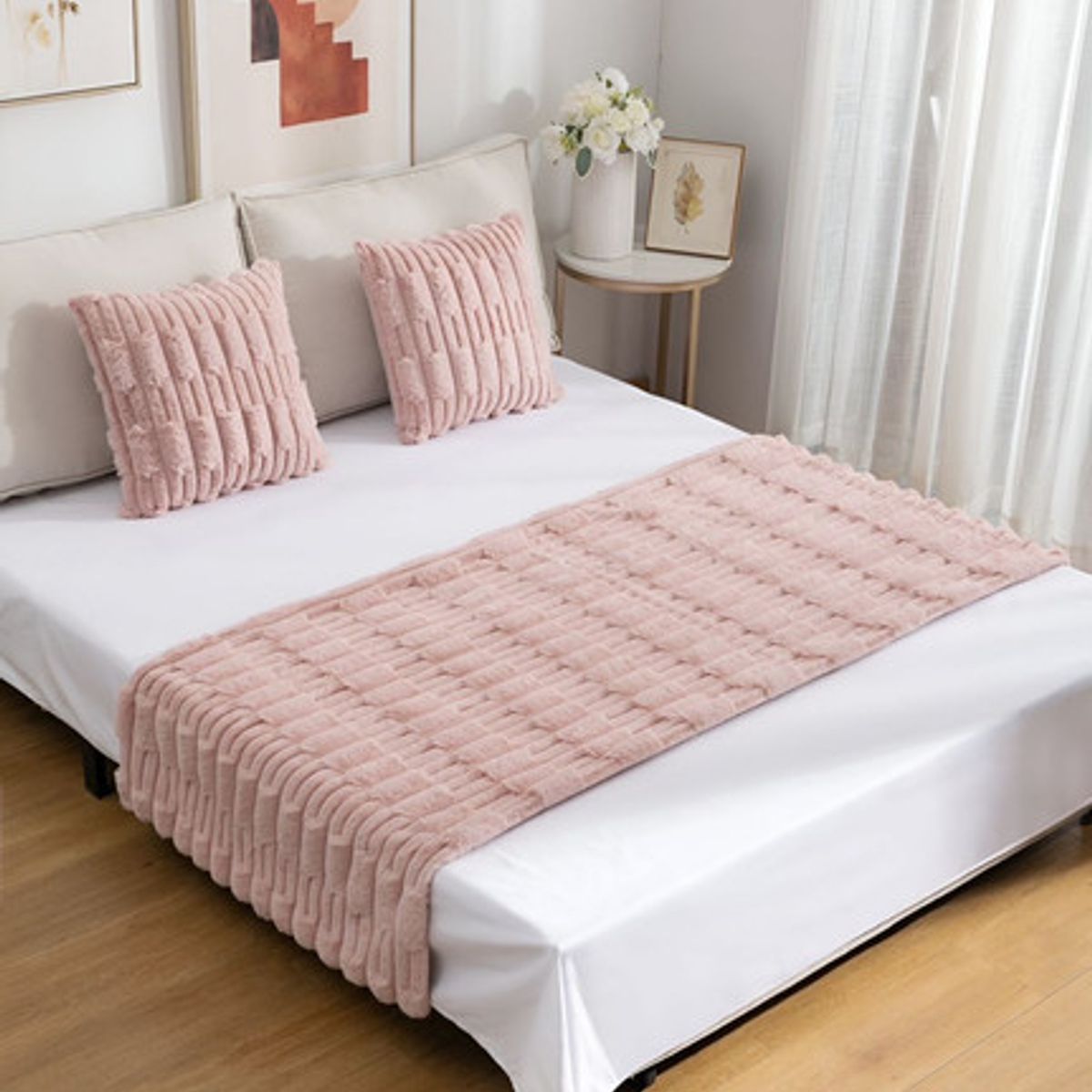 GENERICO - JUEGO DE PIECERA DE CAMA CON 2 FUNDAS MODELO BAMBÚ ROSADO