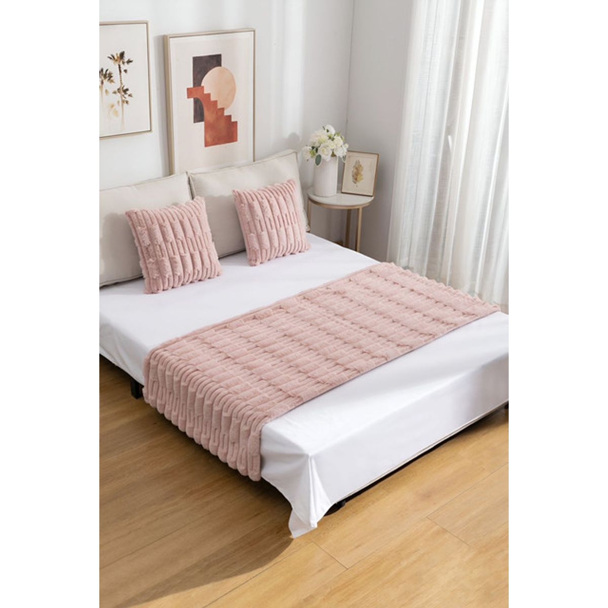 GENERICO - JUEGO DE PIECERA DE CAMA CON 2 FUNDAS MODELO BAMBÚ ROSADO