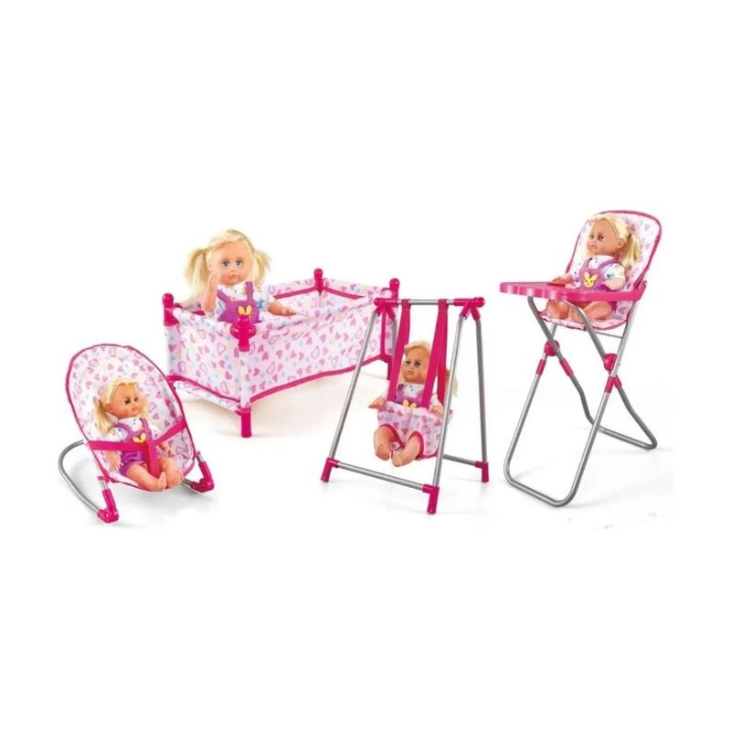 GENERICO - Set Juego 4 En 1 Con Muñeca, Silla, Cuna Juguete Para Niñas