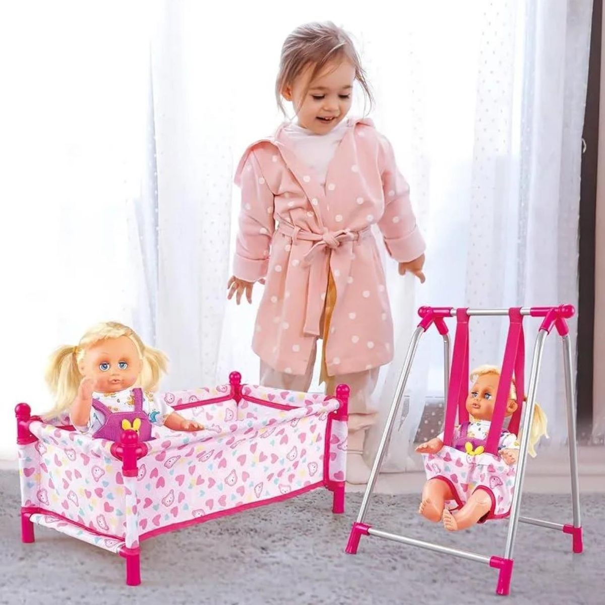GENERICO - Set Juego 4 En 1 Con Muñeca, Silla, Cuna Juguete Para Niñas