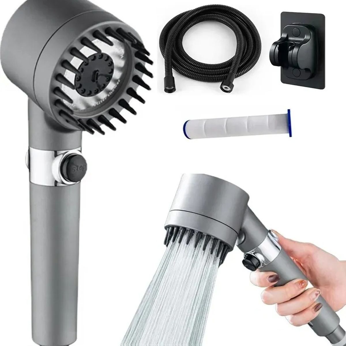 GENERICO - Kit Cabezal Para Ducha Telefono Negro Alta Presion +manguera
