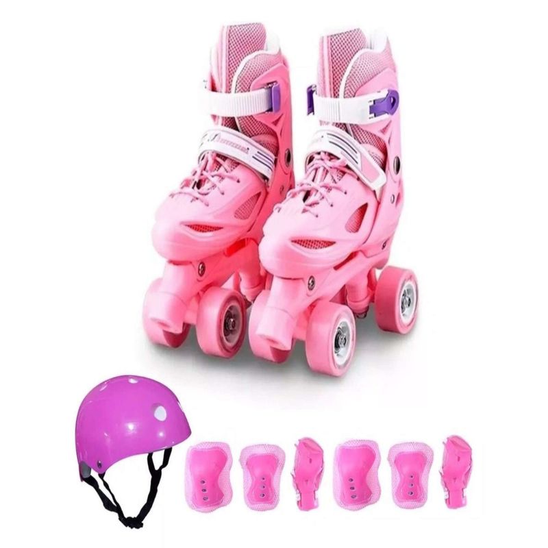GENERICO - Patines Ajustables mas Kit con Casco 4 Ruedas Niña Rosa Talla S31-34