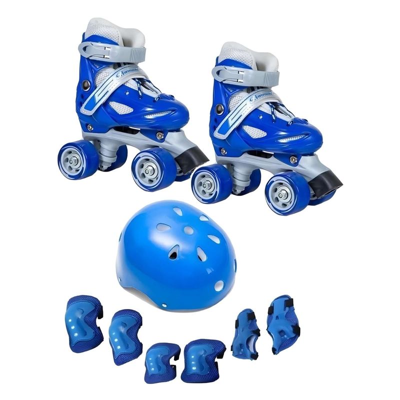 GENERICO - Patines Ajustables mas Kit con Casco 4 Ruedas Niño Azul Talla XS27-30
