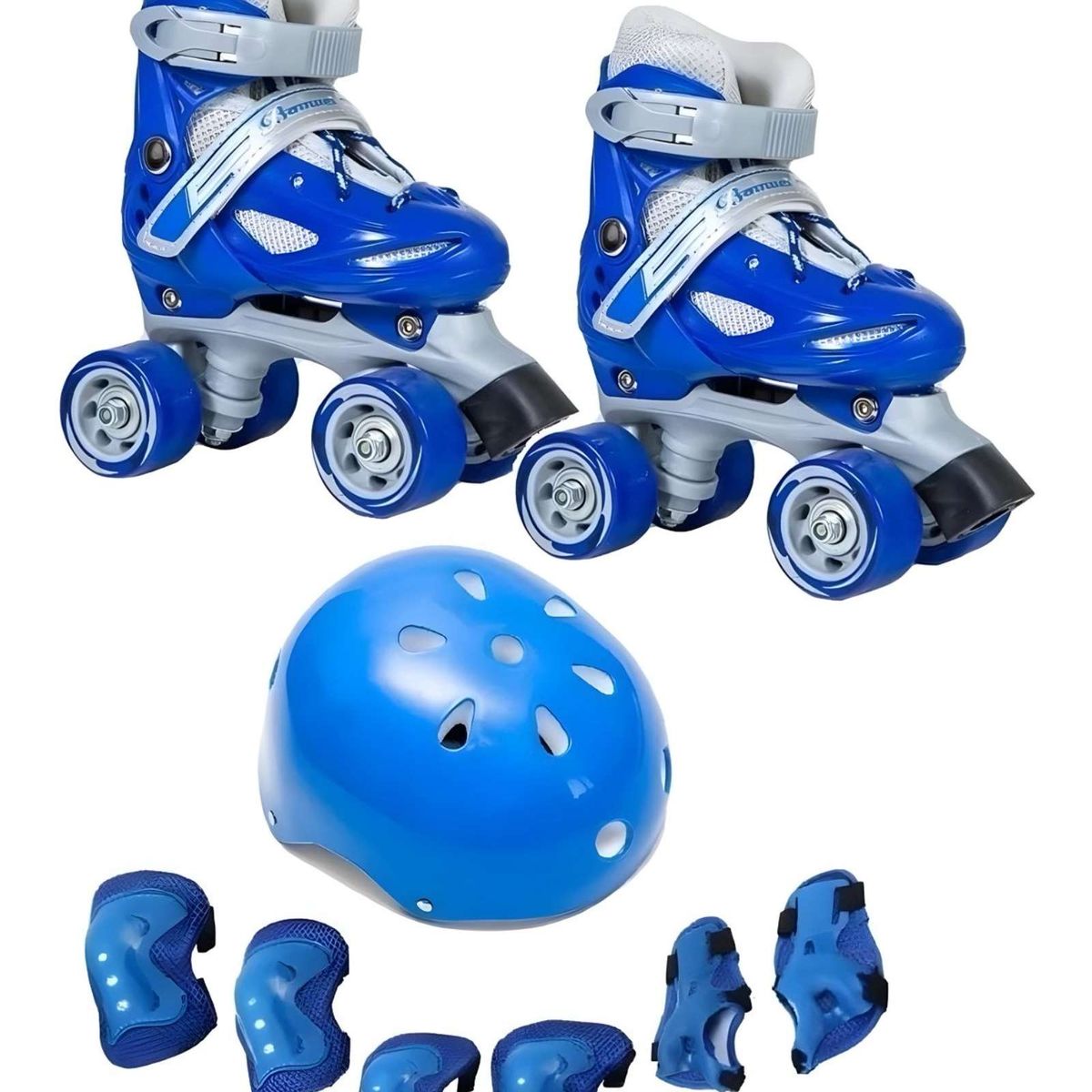 GENERICO - Patines Ajustables mas Kit con Casco 4 Ruedas Niño Azul Talla XS27-30