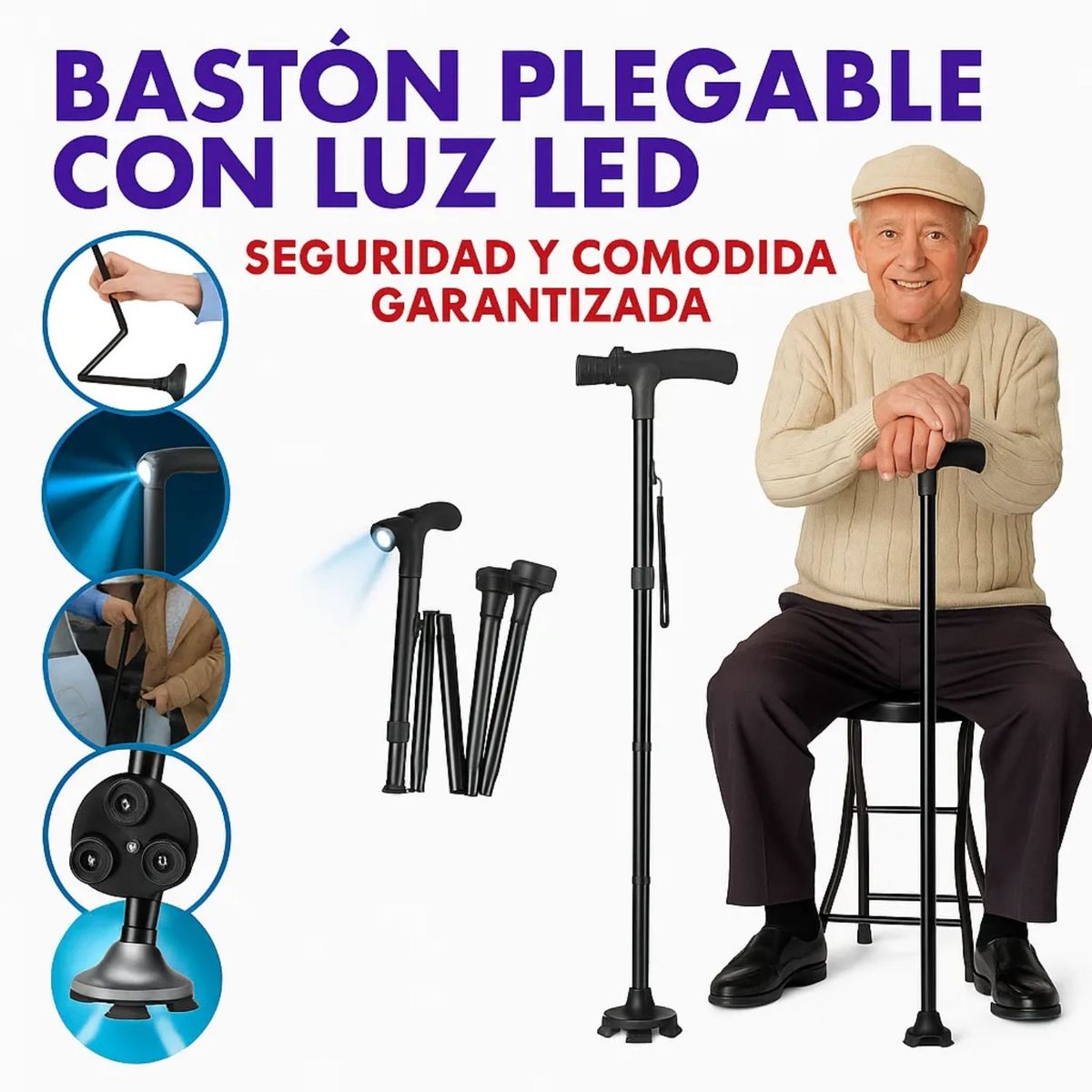 MOVI - Bastón Ortopédico Plegable con Luz LED- Estabilidad Comodidad y Seguridad a donde Vayas