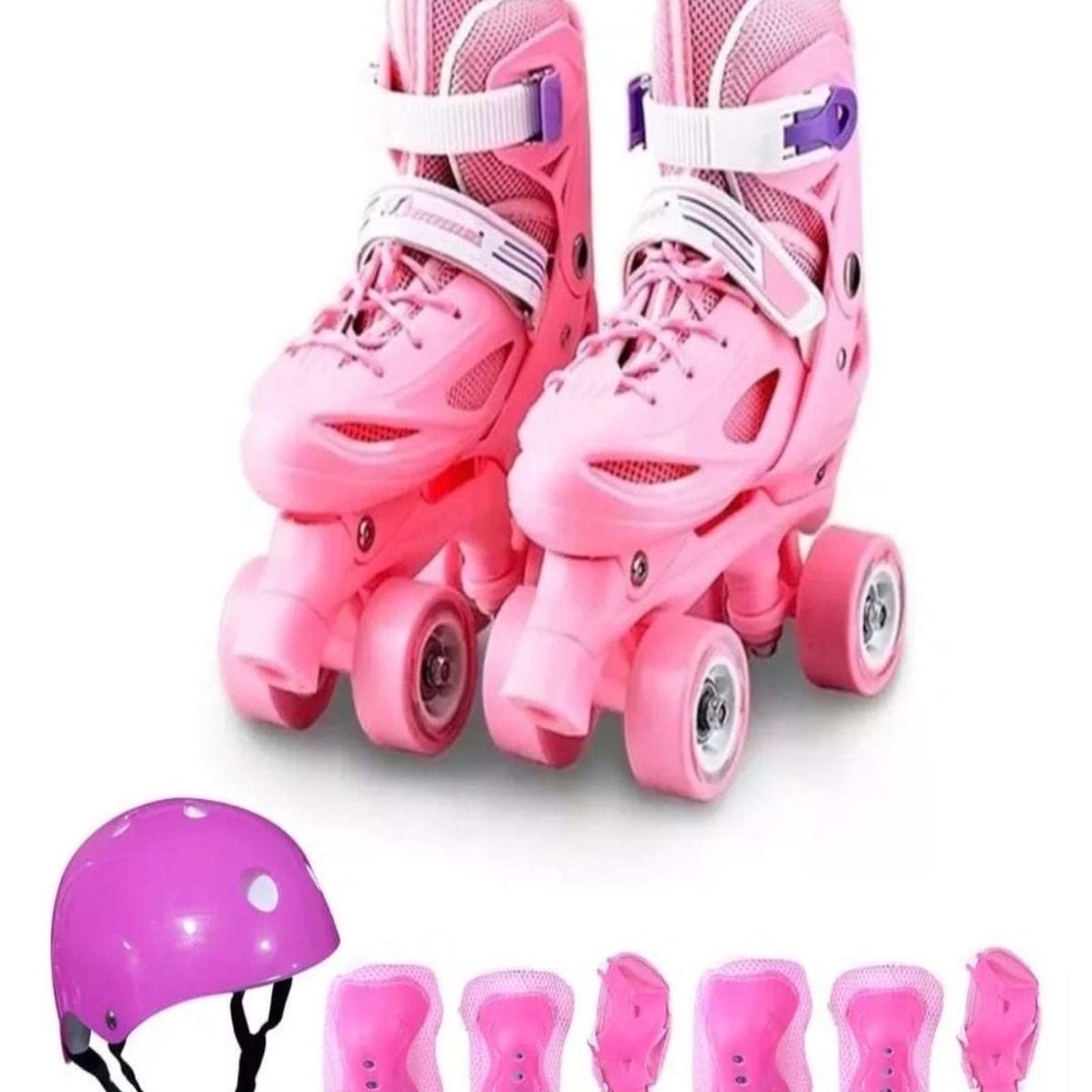 GENERICO - Patines Ajustables mas Kit con Casco 4 Ruedas Niña Rosa Talla XS27-30
