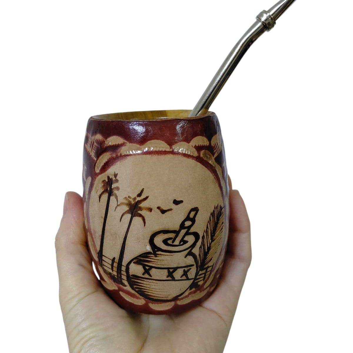 GENERICO - Mate De Madera Con Cuero Artesanales Con Bombilla