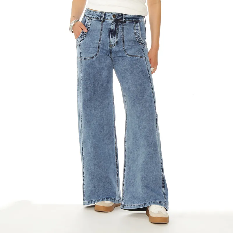 WADOS - JEANS CARGO WIDE LEG TIRO ALTO PRETINA BASICA 1 BOTON COSTADILLO