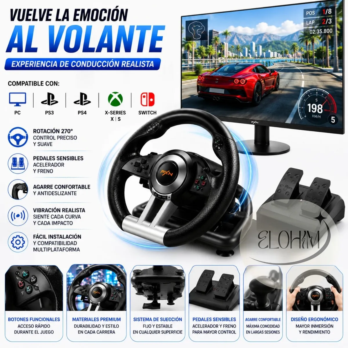 MOVI - Volante con pedales para simulación PC PS3 PS4 X-SERIES XLS SWITCH
