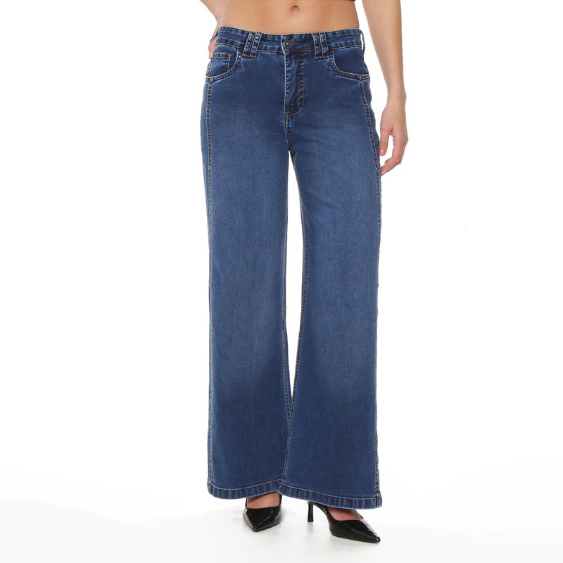 WADOS - JEANS WIDE LEG TIRO ALTO COSTADILLO PRETINA BASICA 1 BOTON TACHAS