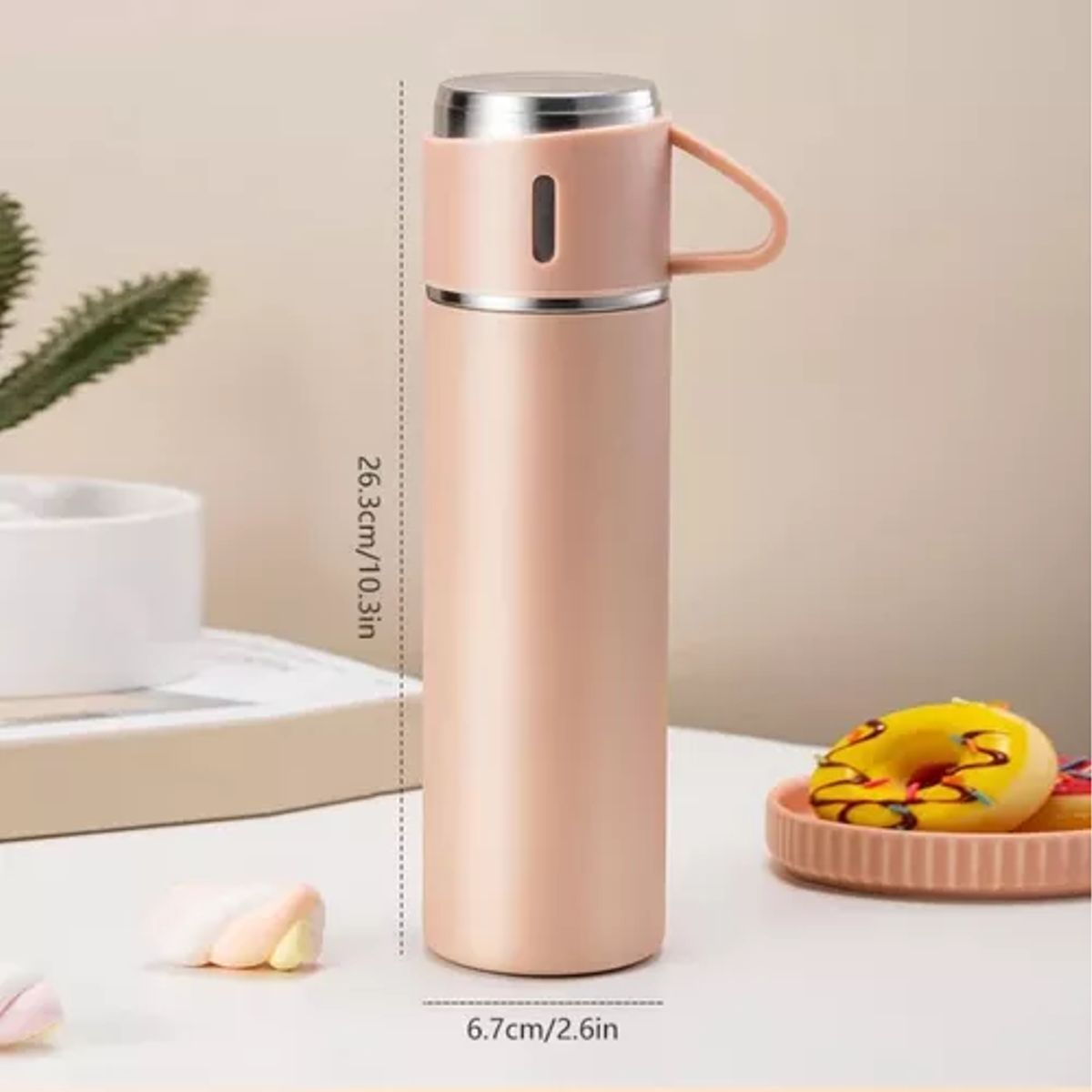 GENERICO - Termo de 500 ml con Taza para Té y Café - Acero Inoxidable Rosado