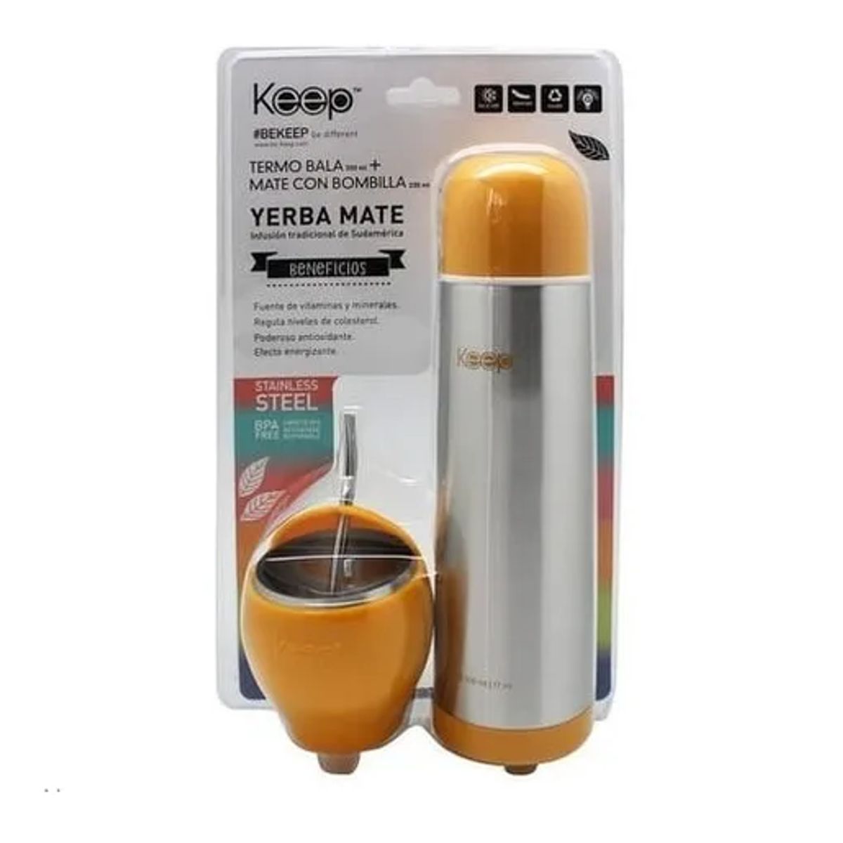 GENERICO - Set de mate y termo bala Keep color naranja