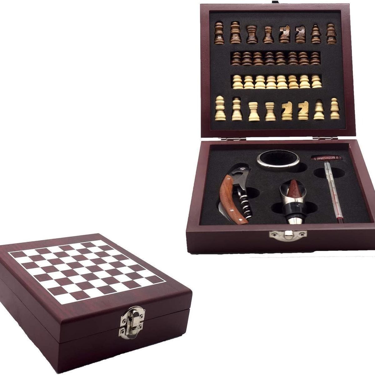 NACION AJEDREZ - Set De Lujo Ajedrez Madera Caoba Con Accesorios Para Vino