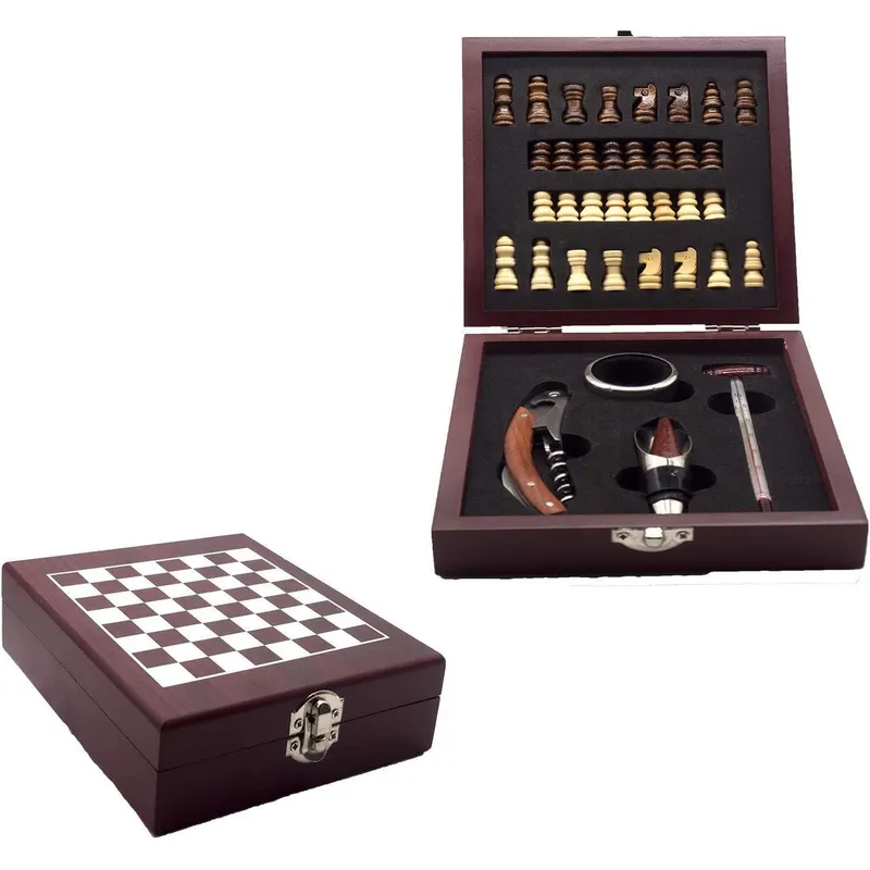 NACION AJEDREZ - Set De Lujo Ajedrez Madera Caoba Con Accesorios Para Vino