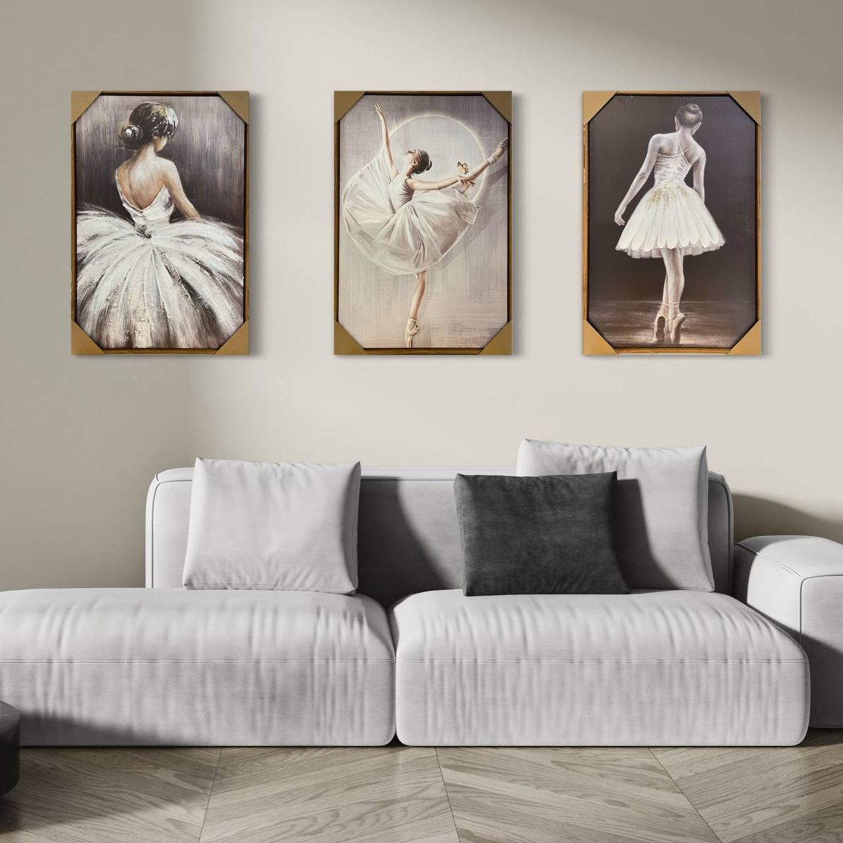 DEKAM DISEÑO - CUADRO TRIPTICOS BAILARINAS GRIS BLANCO CON MARCO