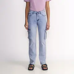 ELLUS - Jeans Mujer 90s Cargo Tiro Ultra Alto Azul claro