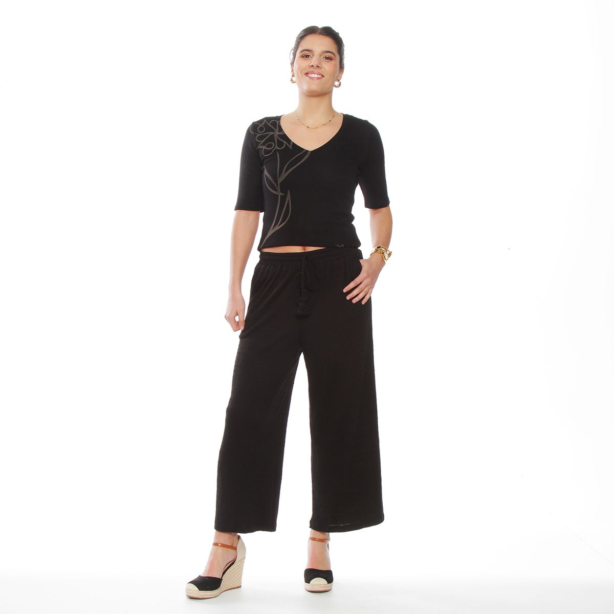 WADOS - PANTALON WIDE LEG TIRO ALTO PRETINA BASICA ELASTICADA