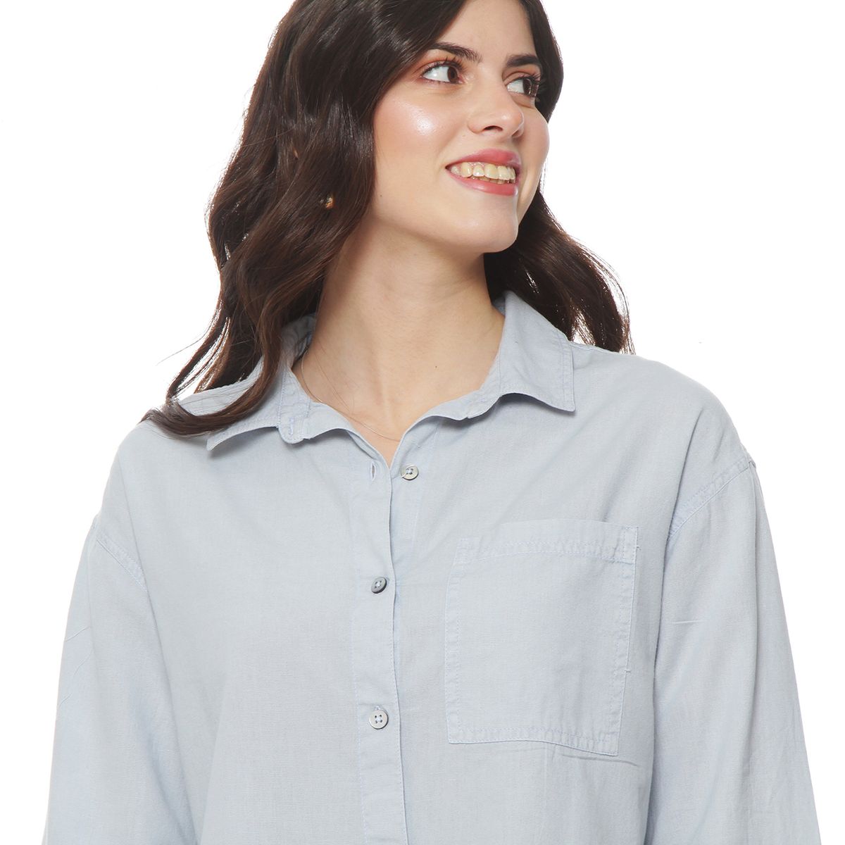 WADOS - BLUSA MANGA LARGA LINO SOLIDO ABOTONADA EN DELANTERO Y BOLSILLO