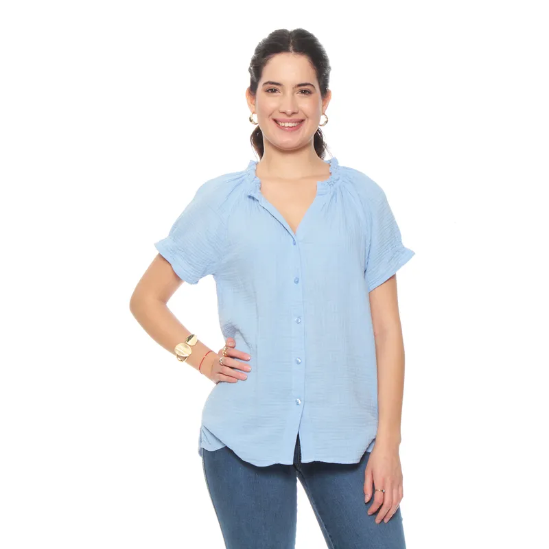 WADOS - BLUSA MANGA CORTA SOLIDO ESCOTE V CON RECOGIDO EN MANGA