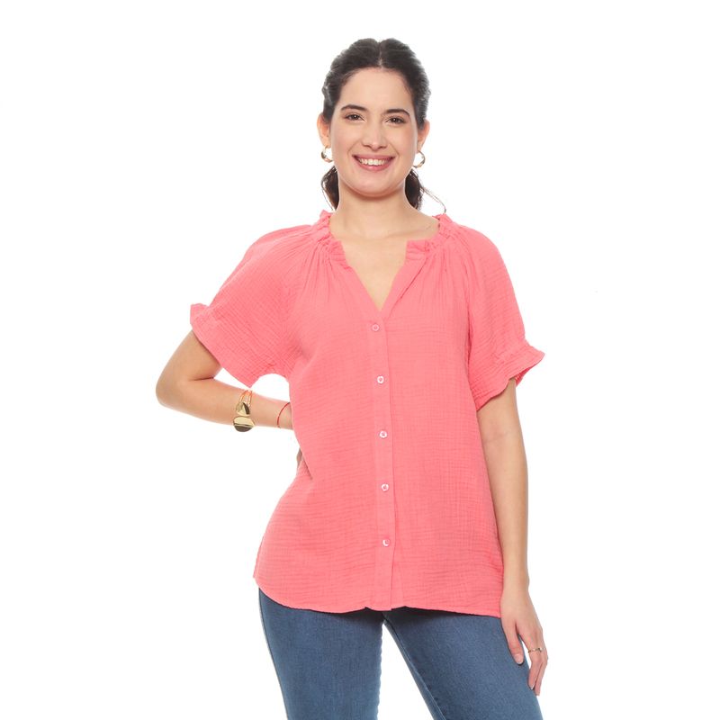 WADOS - BLUSA MANGA CORTA SOLIDO ESCOTE V CON RECOGIDO EN MANGA