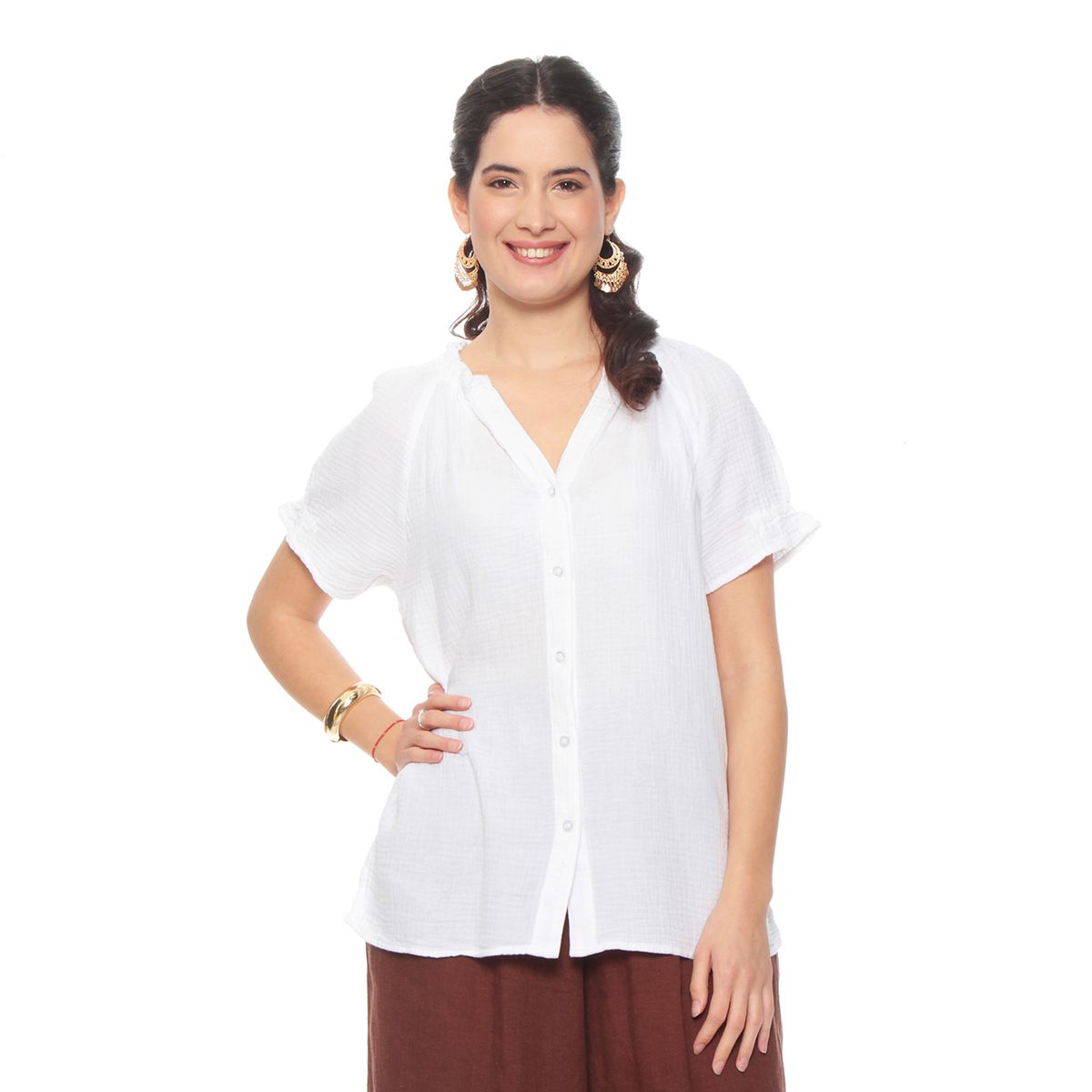 WADOS - BLUSA MANGA CORTA SOLIDO ESCOTE V CON RECOGIDO EN MANGA