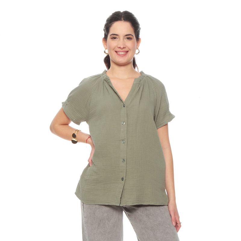 WADOS - BLUSA MANGA CORTA SOLIDO ESCOTE V CON RECOGIDO EN MANGA