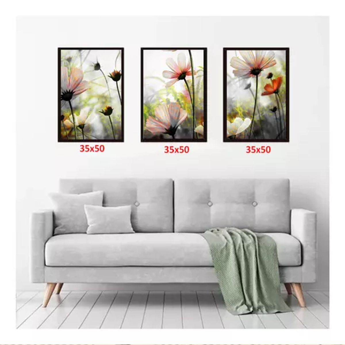 GENERICO - Cuadros abstractos de flores pack de 3 unidades 35x50 cm color negro