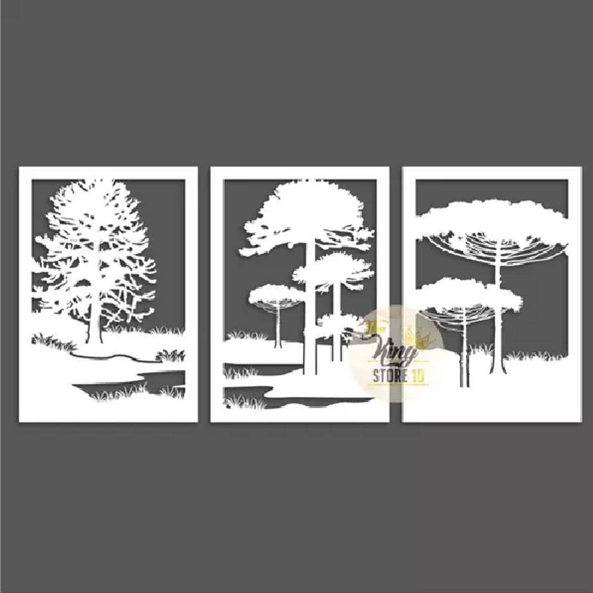 GENERICO - Set de 3 Cuadros Paisaje Árboles Araucarias Blanco