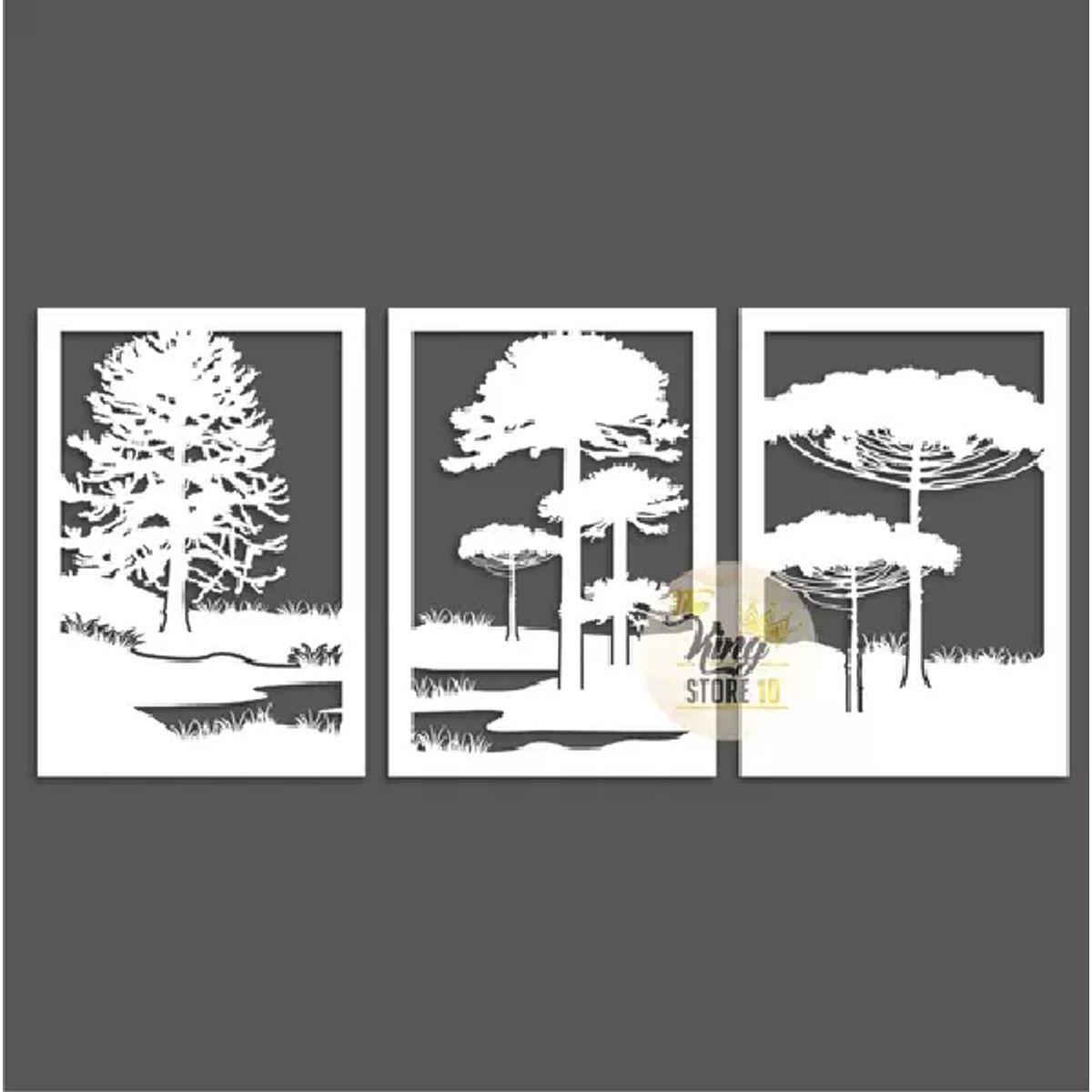 GENERICO - Set de 3 Cuadros Paisaje Árboles Araucarias Blanco