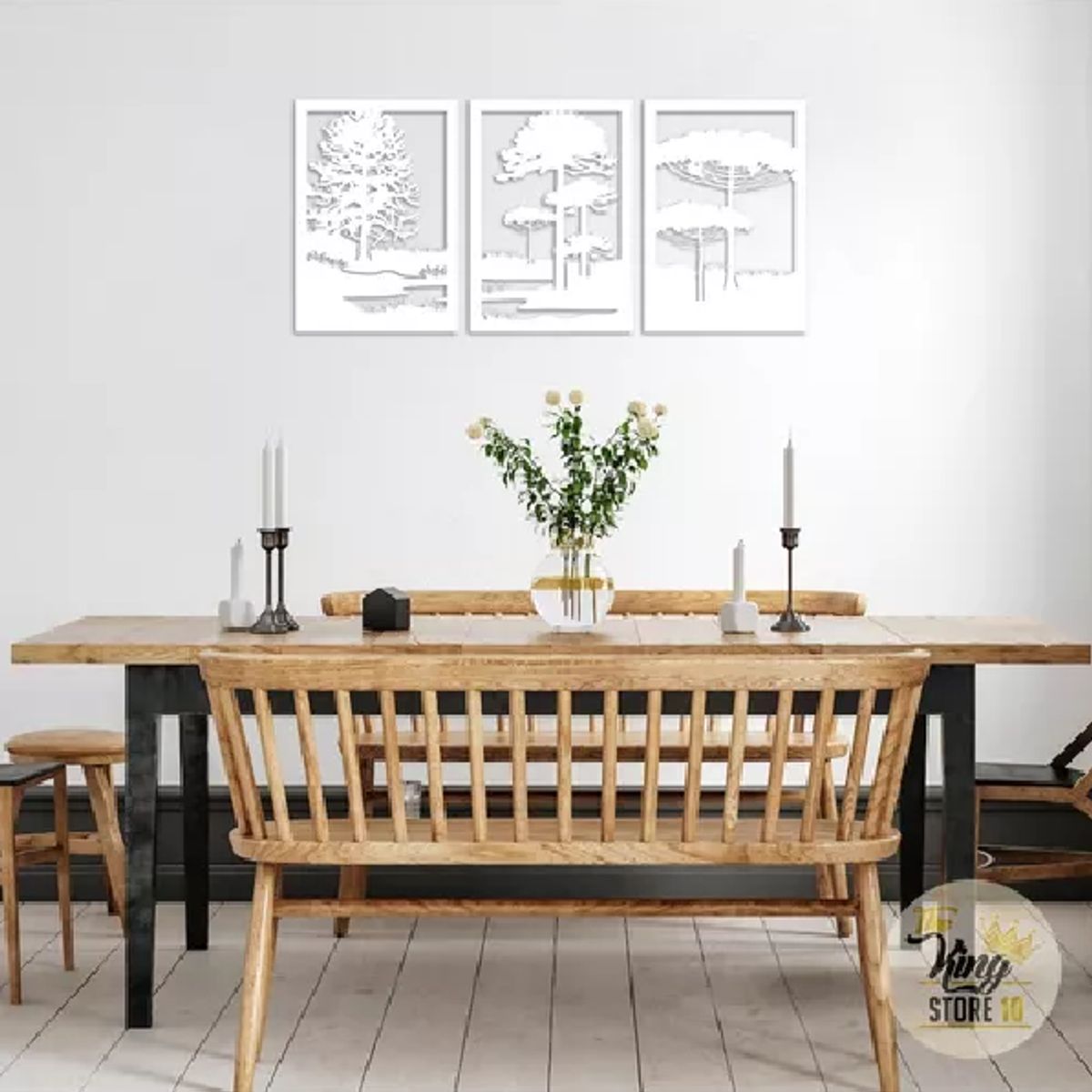 GENERICO - Set de 3 Cuadros Paisaje Árboles Araucarias Blanco