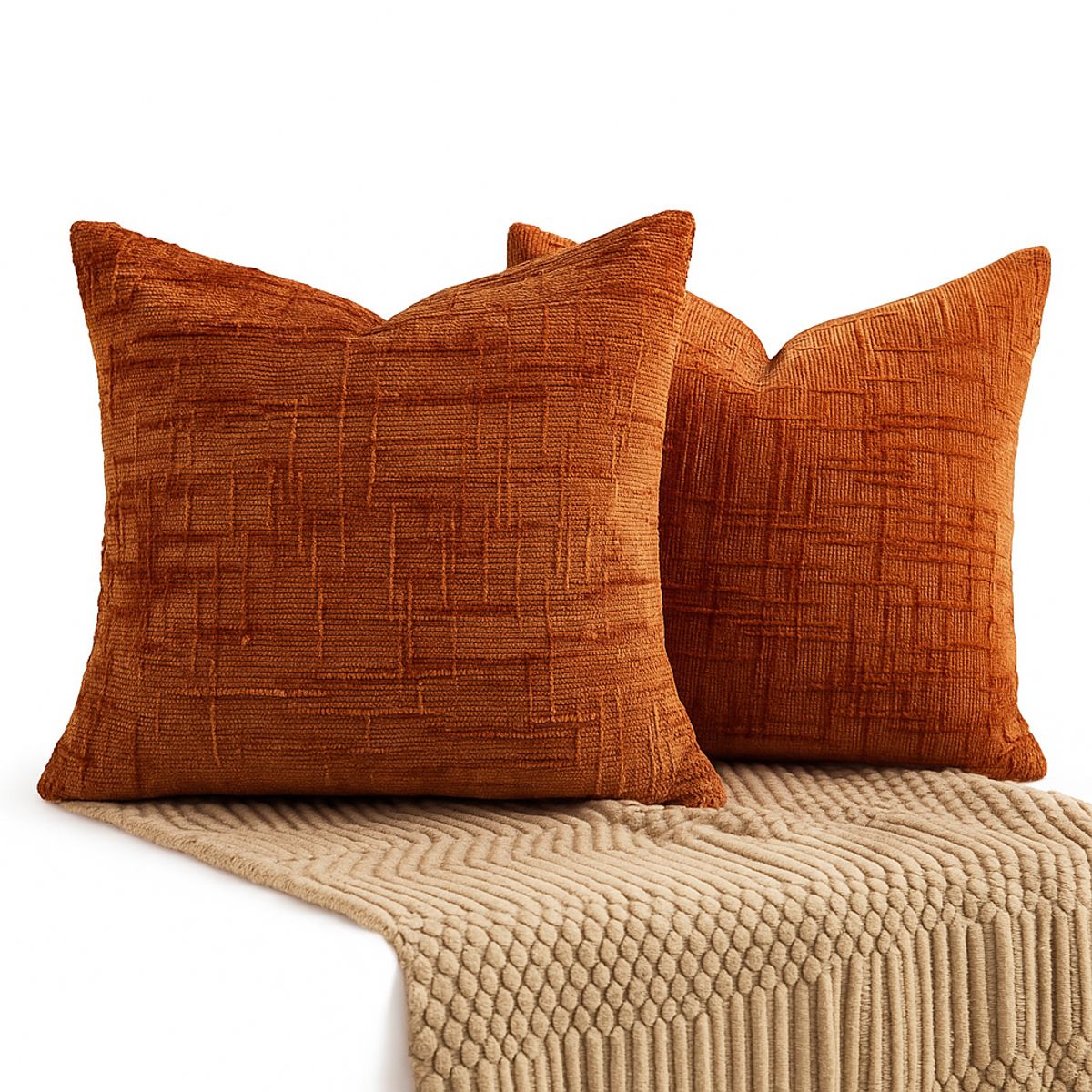 ARMONIA - Pack 2 fundas de cojín chenille terracota decorativas 45x45 suaves 744