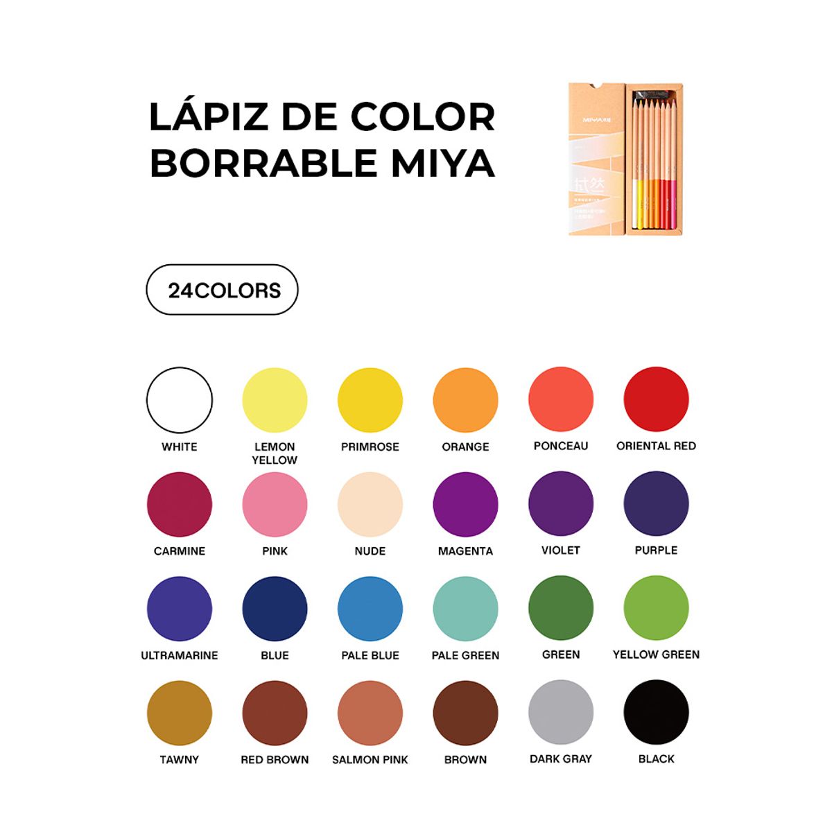 MIYA - MIYA Lápices de Color Borrable 24 Colores
