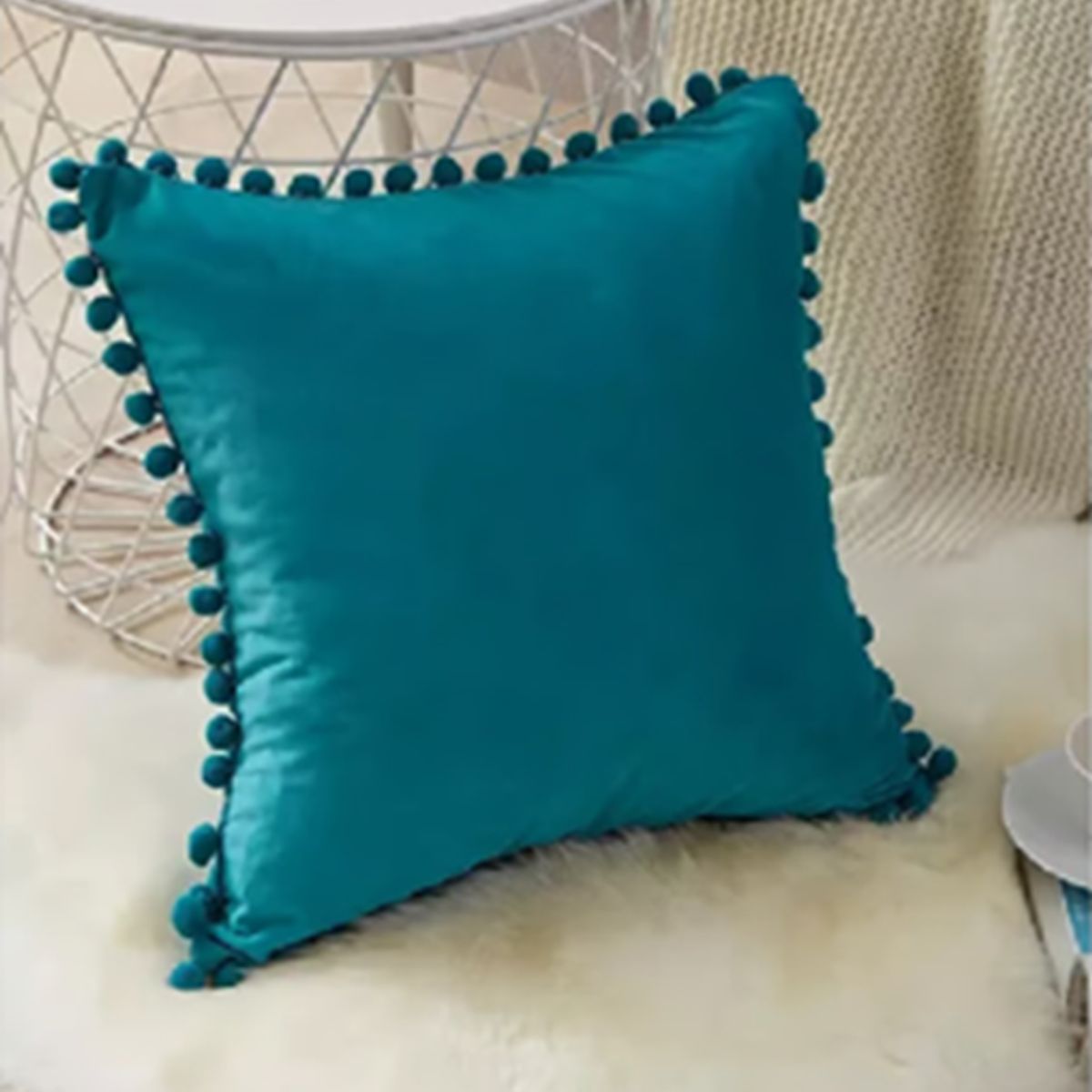 GENERICO - Pack 2 Fundas de Cojines Terciopelo con Pompones 45x45 cm Azul Marino