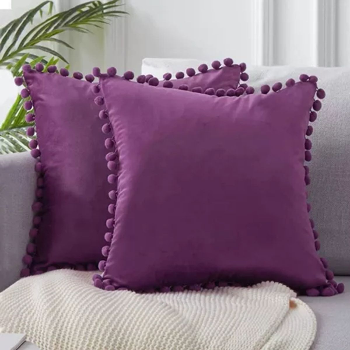 GENERICO - Pack de 2 Fundas de Cojines Terciopelo con Pompones 45x45 cm Morado