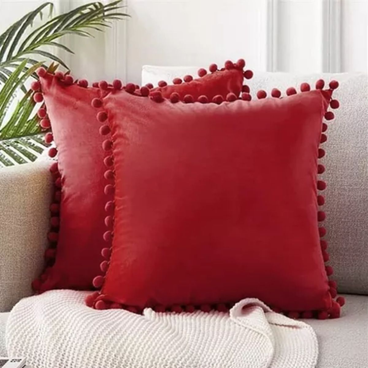 GENERICO - Pack de 2 Fundas de Cojines Terciopelo con Pompones 45x45 cm Roja