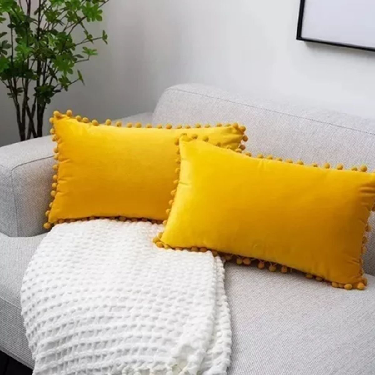 GENERICO - Pack de 2 Fundas de Cojín Terciopelo con Pompones 30x50 cm Amarillo