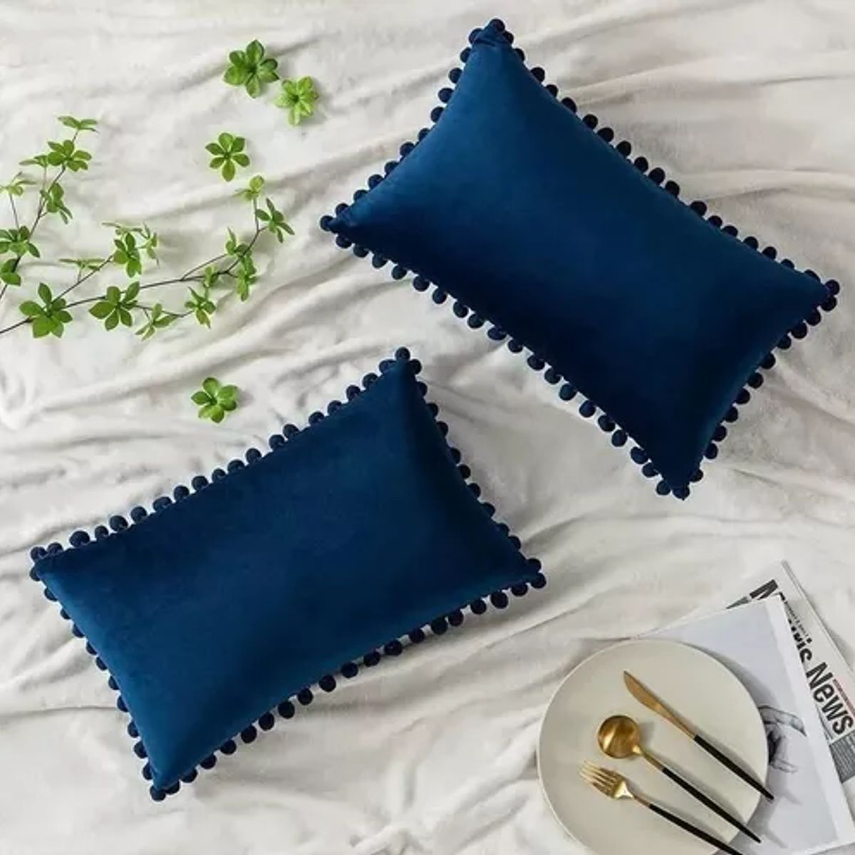 GENERICO - Pack de 2 Fundas de Cojín Terciopelo con Pompones 30x50 cm Azul