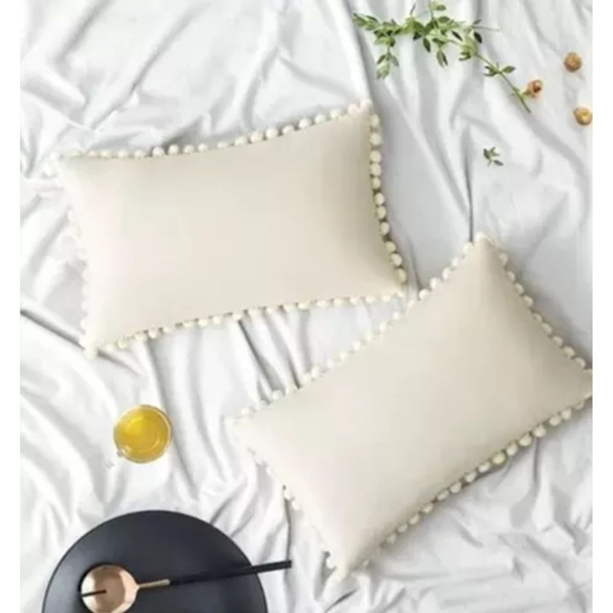 GENERICO - Pack de 2 Fundas de Cojín Terciopelo con Pompones 30x50 cm Blanco