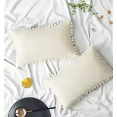 GENERICO - Pack de 2 Fundas de Cojín Terciopelo con Pompones 30x50 cm Blanco