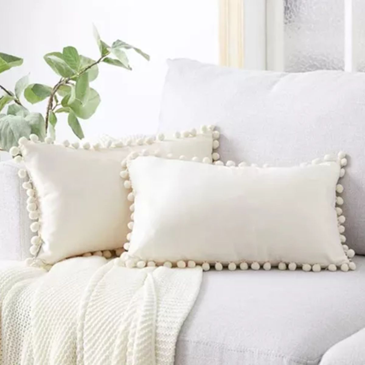 GENERICO - Pack de 2 Fundas de Cojín Terciopelo con Pompones 30x50 cm Blanco