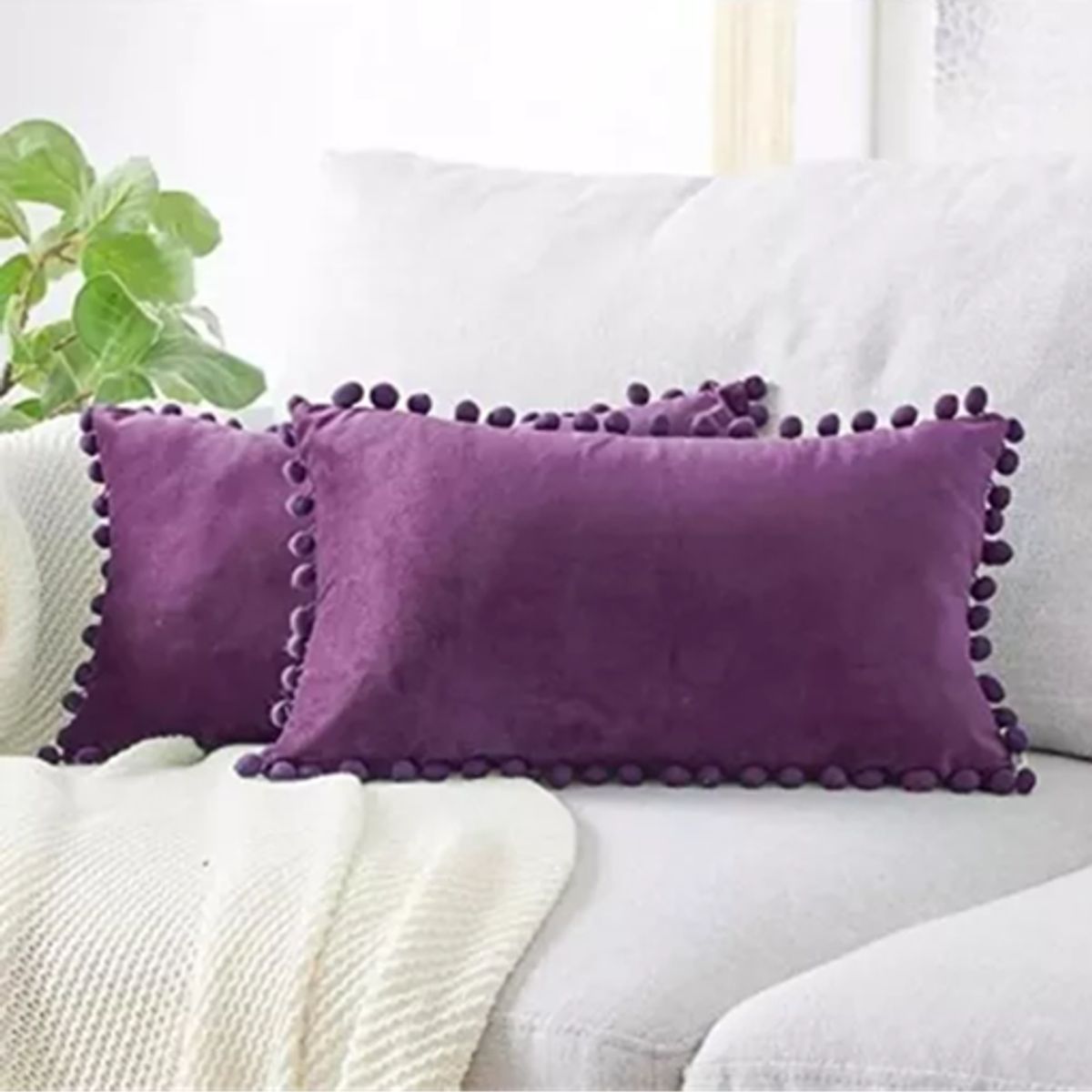 GENERICO - Pack de 2 Fundas de Cojín Terciopelo con Pompones 30x50 cm Morado