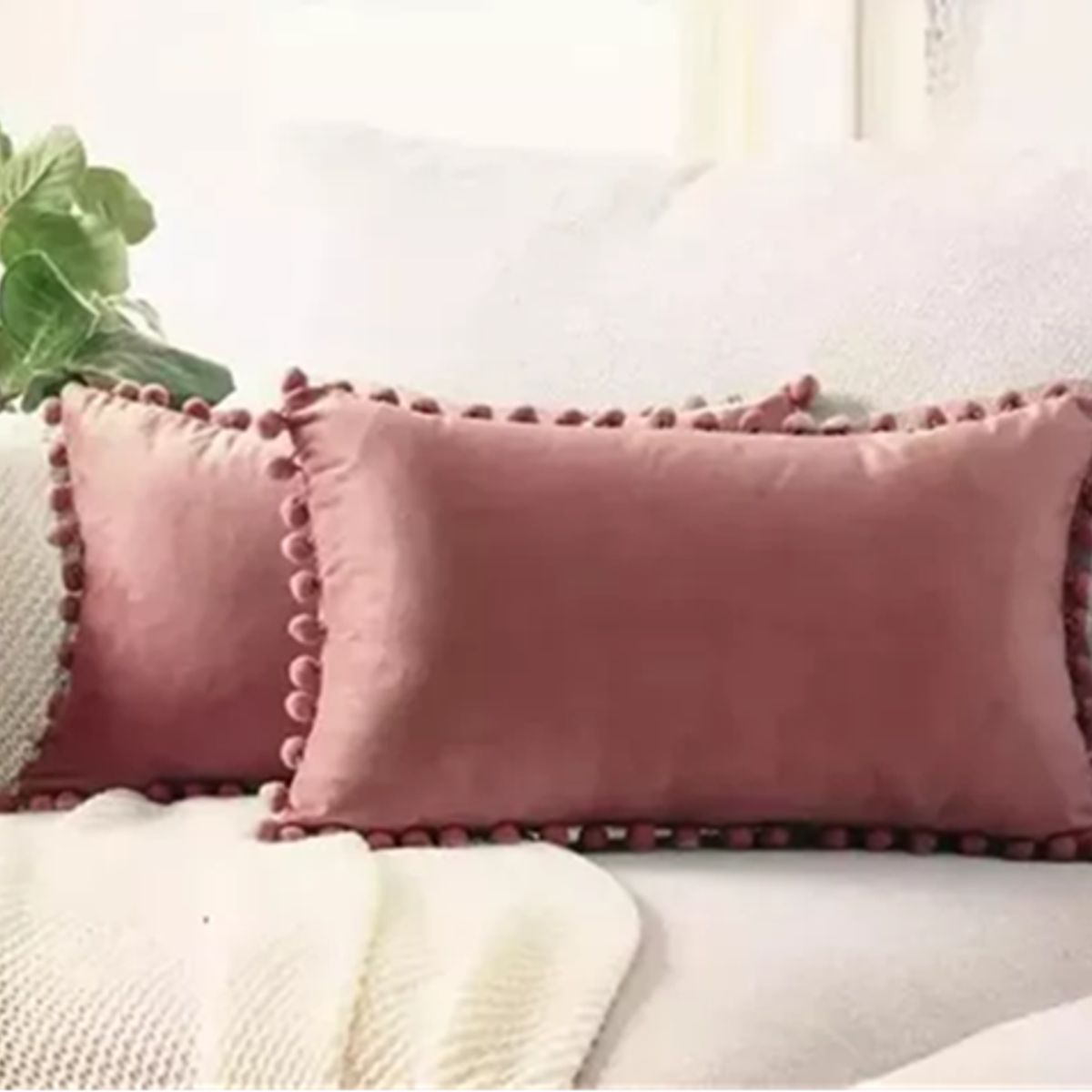GENERICO - Pack de 2 Fundas de Cojín Terciopelo con Pompones 30x50 cm Palo Rosa