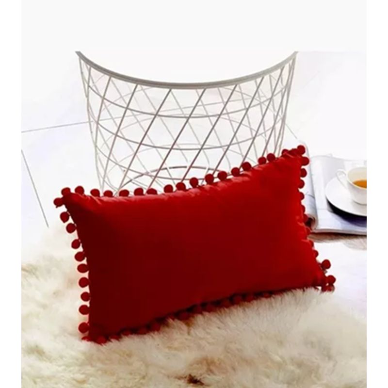 GENERICO - Pack de 2 Fundas de Cojín Terciopelo con Pompones 30x50 cm Rojo