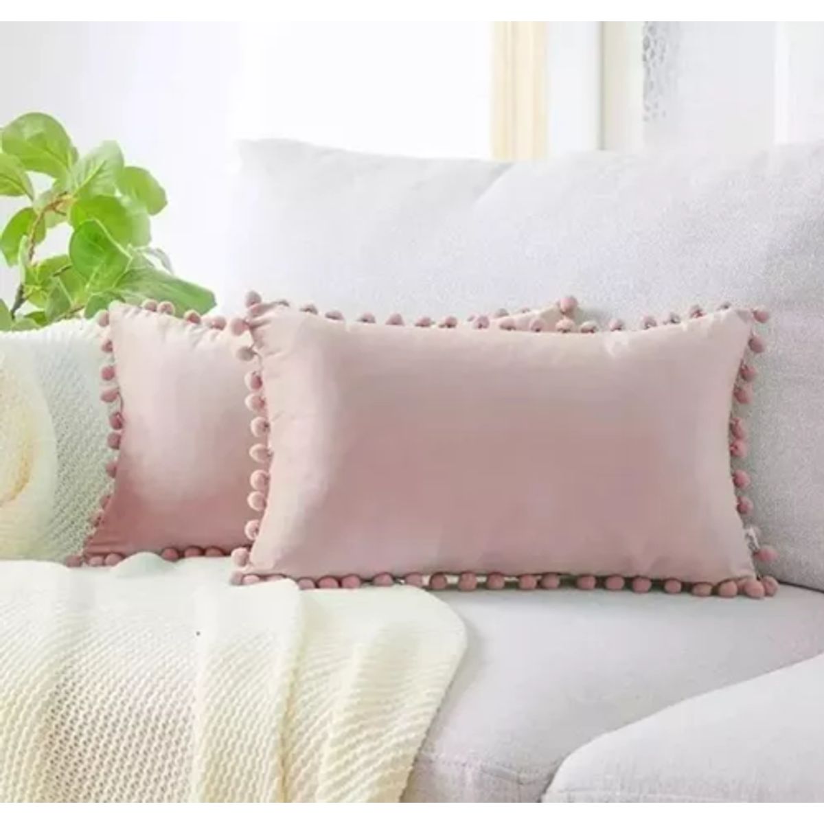 GENERICO - Pack de 2 Fundas de Cojín Terciopelo con Pompones 30x50 cm Rosa