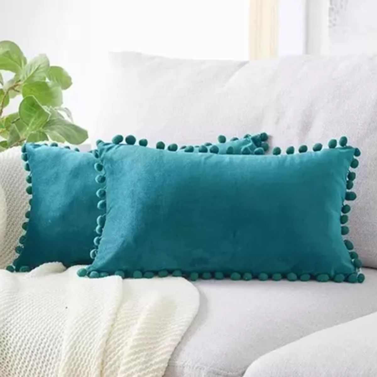 GENERICO - Pack de 2 Fundas de Cojín Terciopelo con Pompones 30x50 cm Turquesa