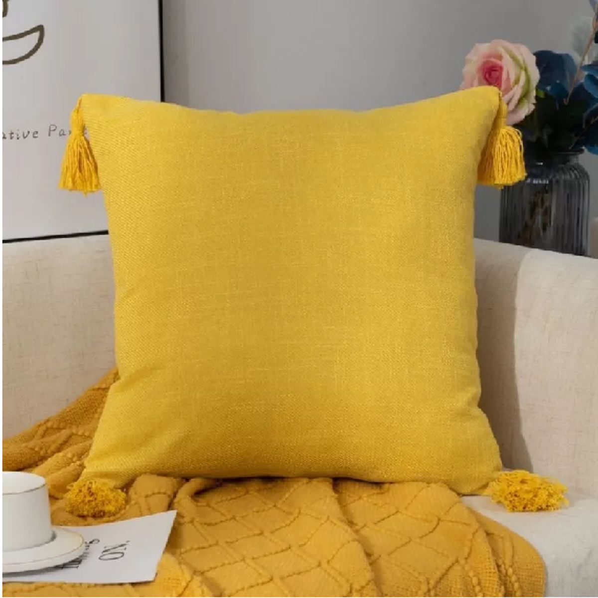 GENERICO - Pack de 2 Fundas para Cojín de Lino con Pompones 45x45 cm Amarillo