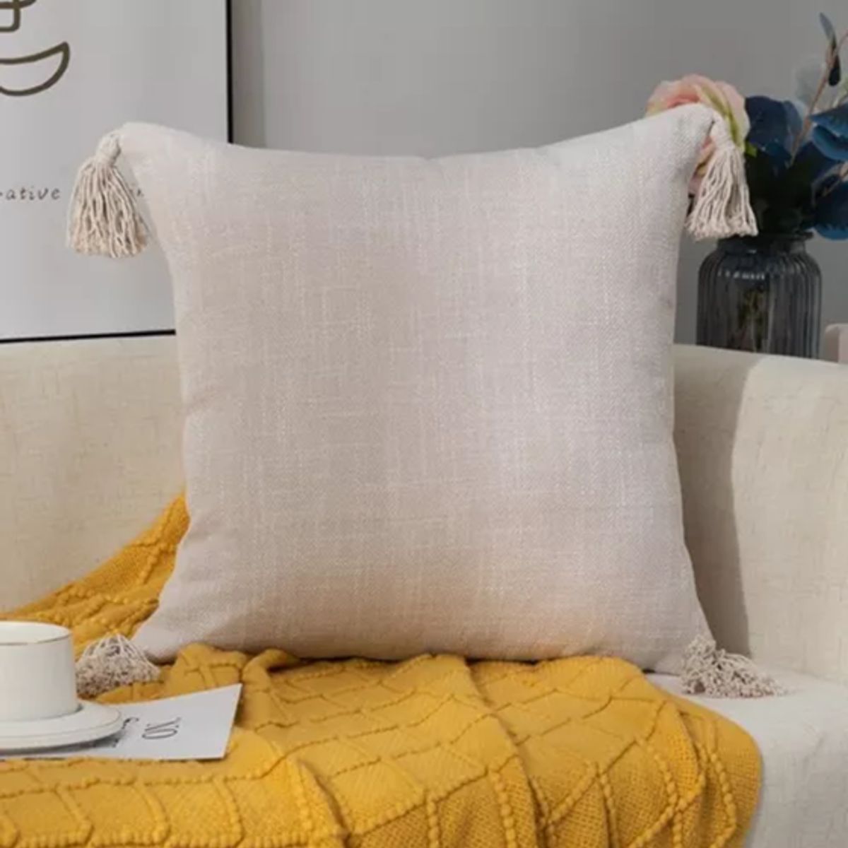 GENERICO - Pack de 2 Fundas para Cojín de Lino con Pompones 45x45 cm Crema